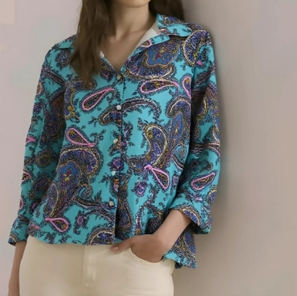 🩵Talbots Woman's Teal and Pink Paisley Blouse